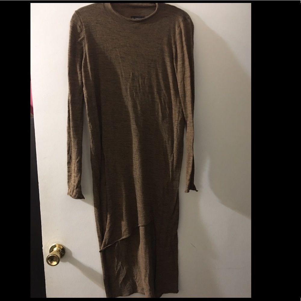 Asymmetrical camel long sleeve crew neck sweater
